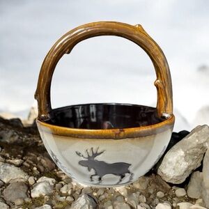 Home Studio Woodland Pottery Stoneware Basket with Handle Discontinued Cabincore